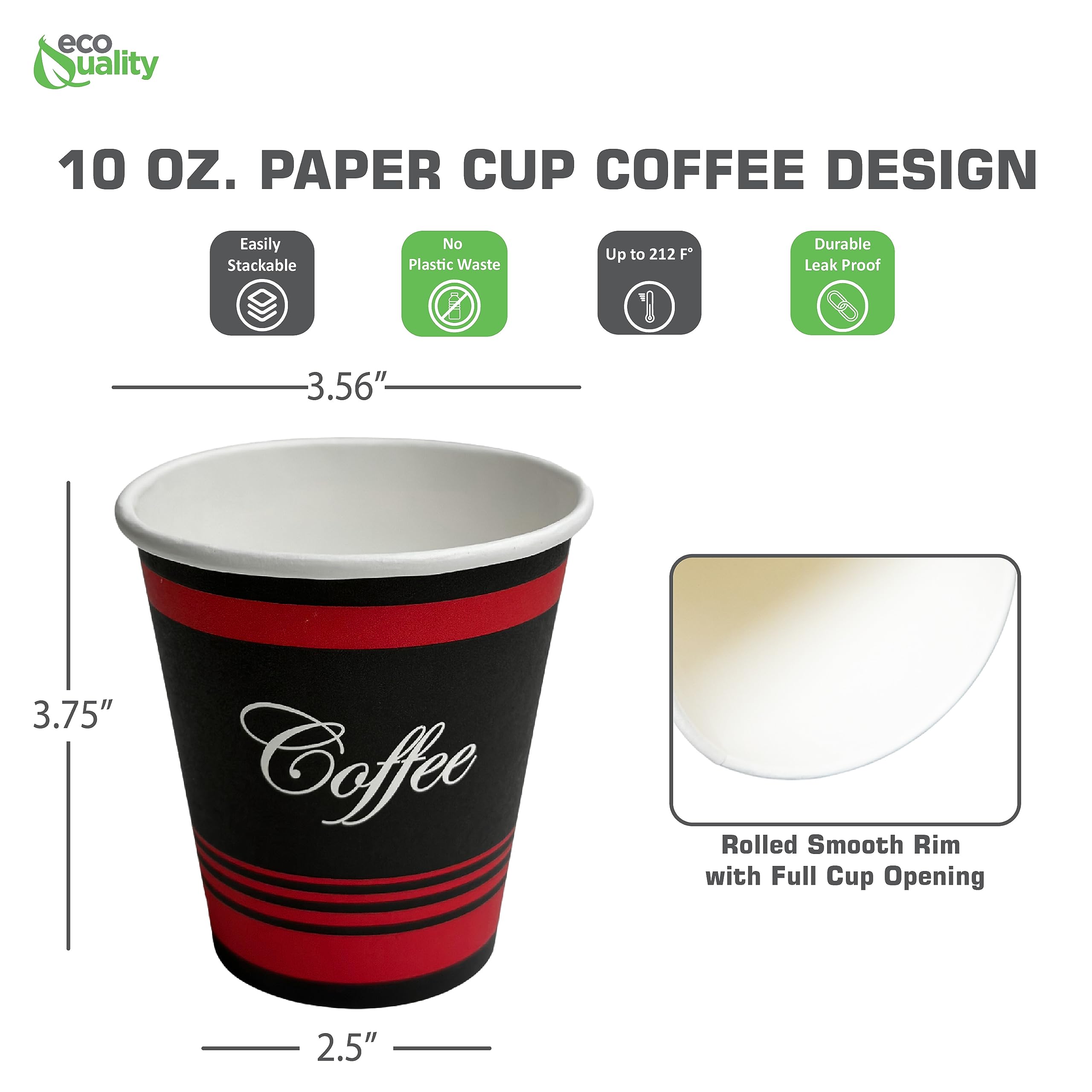 EcoQuality 10oz Classic Durable Disposable Paper Coffee Hot Cups For Hot/Cold Drink, Coffee, Tea, Cocoa, Travel, Office, Home, Cider, Hot Chocolate, To go (10 ounce - 50 Count Cups) (50)