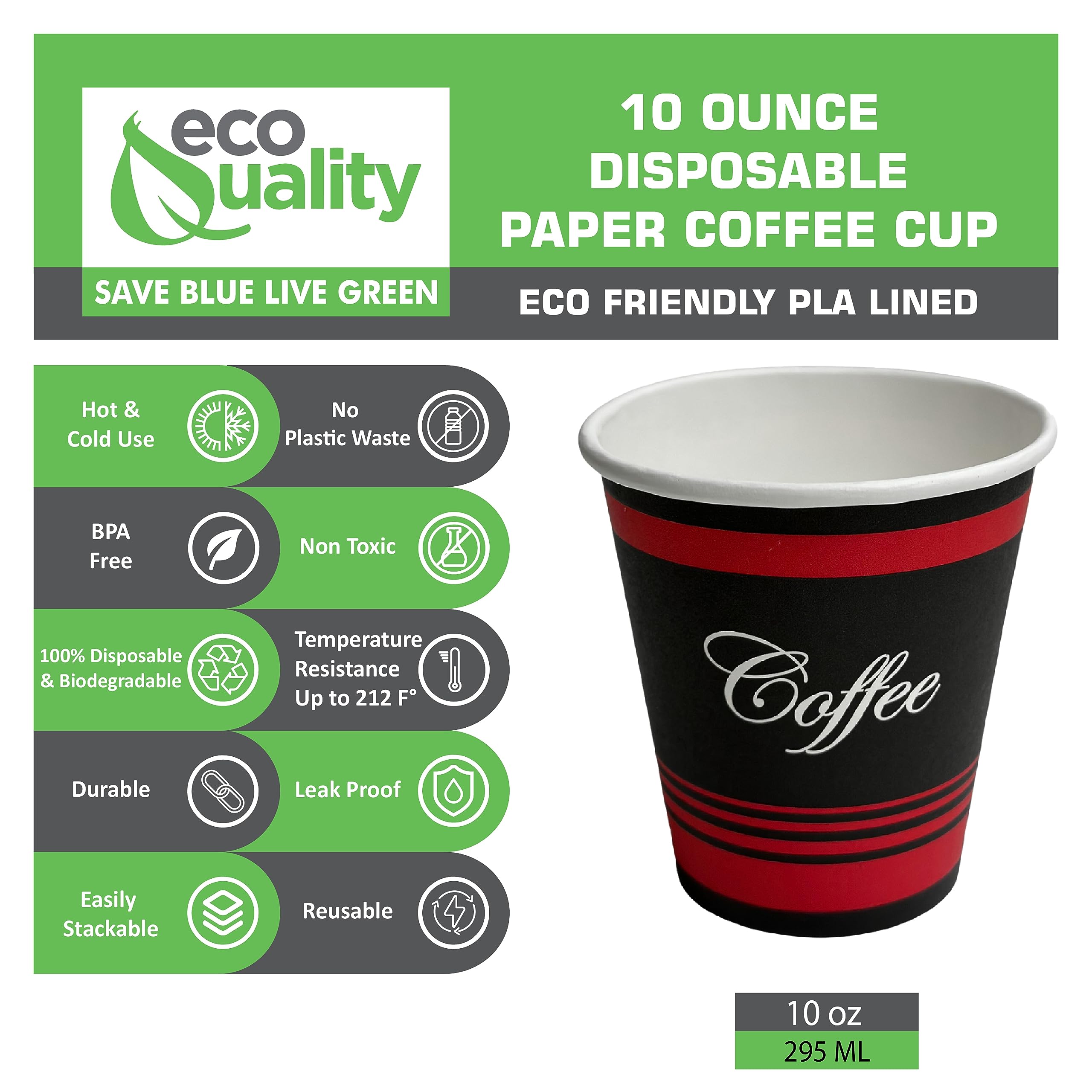 EcoQuality 10oz Classic Durable Disposable Paper Coffee Hot Cups For Hot/Cold Drink, Coffee, Tea, Cocoa, Travel, Office, Home, Cider, Hot Chocolate, To go (10 ounce - 50 Count Cups) (50)