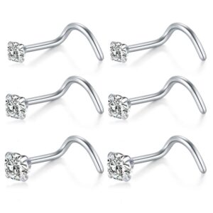 Briana Williams 6pcs 20G Nose Screw Studs Surgical Steel Nose Rings Piercing 1.5mm 2mm 2.5mm CZ Inlaid Silver