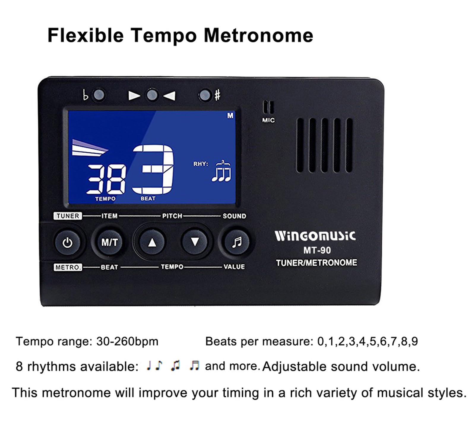 WINGO Digital Metronome, Tuner and Tone Generator - 3 in1 Device（Black)-for Chromatic, Guitar, Bass, Ukulele, Violin-Battery Included