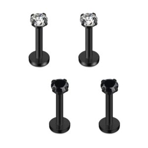 Briana Williams 16g 3mm Black Cubic Zirconia Triple Forward Helix Ear Cartilage Tragus Studs Earrings Lip Piercing 6mm Bar 4pcs