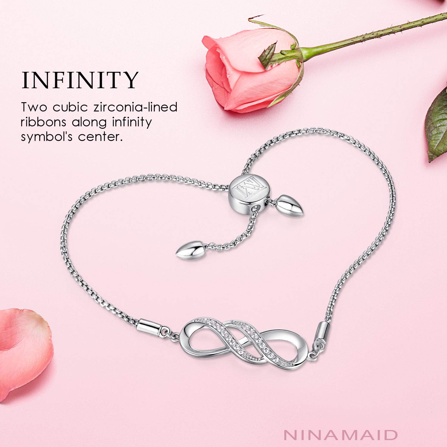 NINAMAID Women Silver Infinity Endless Love Symbol Charm Bracelet Jewelry Gifts with Sparking Crystal Bangle Bracelets for Friendship/Sister/Mother/Daughter