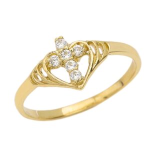 Religious Jewelry by FDJ Unique 10k Yellow Gold CZ Studded Open Heart Cross Ring (Size 8)