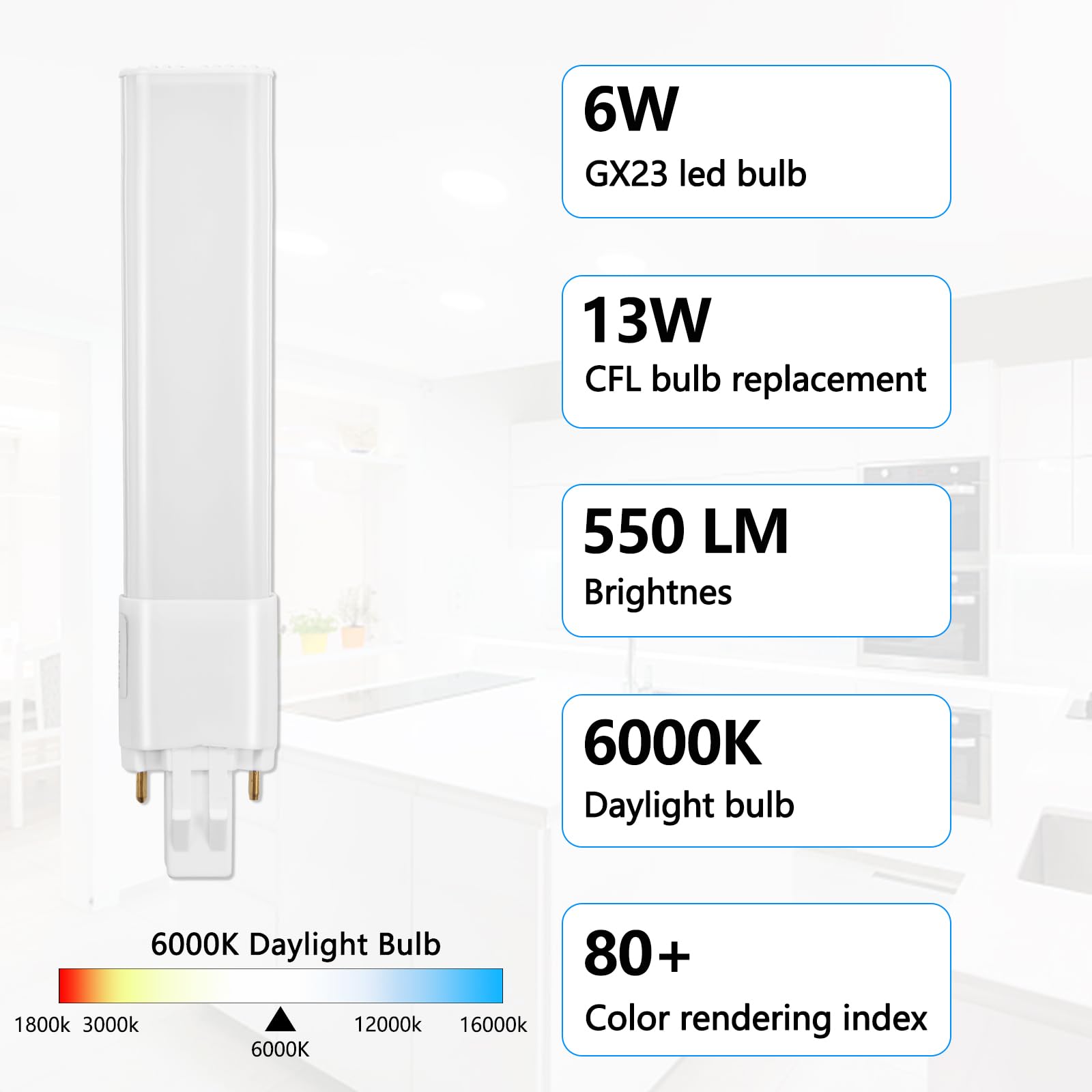 HengBO GX23 LED Bulb, 6W PL Horizontal Lamp, 13W CFL Bulb Equivalent, 180° Beam Angle, 6000K Daylight Recessed Down Light Bulb (Remove/Bypass The Ballast) – 2 Pack