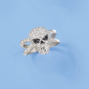 Ross-Simons 0.50 ct. t.w. Black and White Diamond Skull Ring in Sterling Silver. Size 5