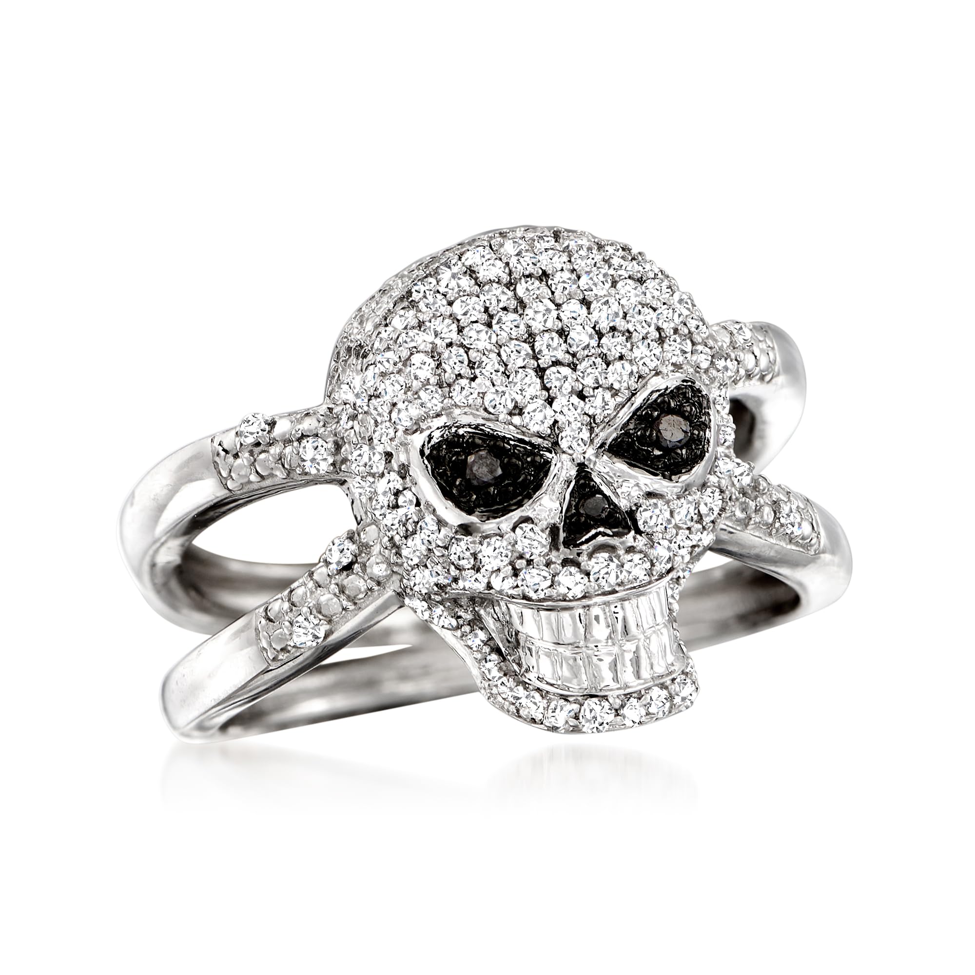 Ross-Simons 0.50 ct. t.w. Black and White Diamond Skull Ring in Sterling Silver. Size 5