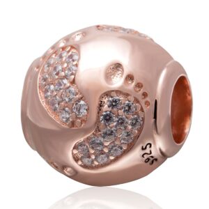 rose gold baby footprint charm 925 sterling silver new baby first step charms with clear cubic zircon round bead charms for pandora european charms bracelet