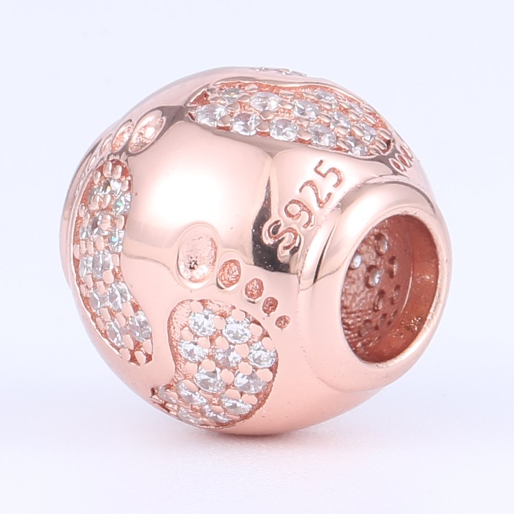 Rose Gold Baby Footprint Charm 925 Sterling Silver New Baby First Step Charms with Clear Cubic Zircon Round Bead Charms for Pandora European Charms Bracelet