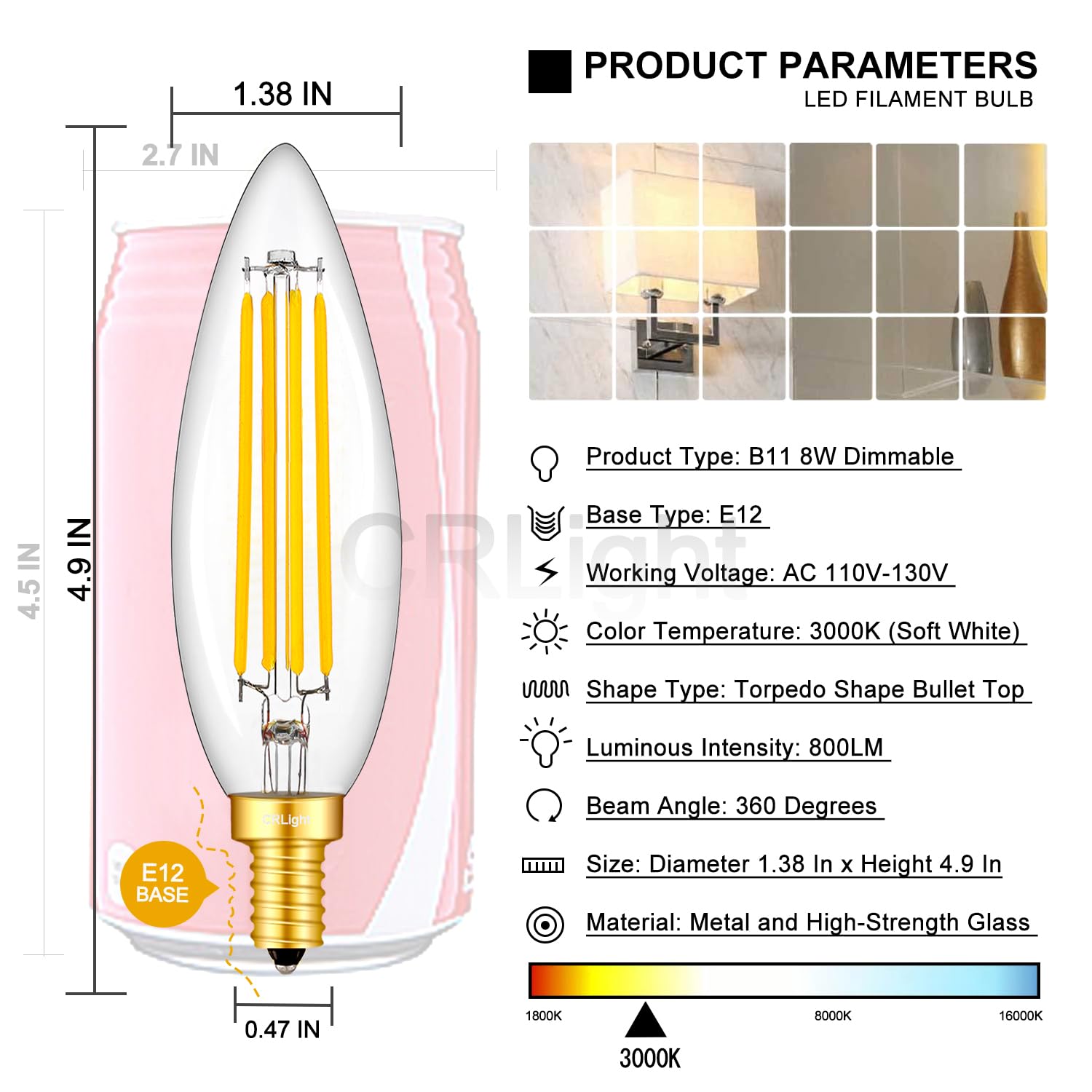 CRLight 8W Dimmable LED Candelabra Bulb 3000K Soft White 80W Equivalent 800LM, E12 LED Candle Bulbs, Upgraded Lengthened & Enlarged B11 Clear Glass Torpedo Shape, Pack of 4