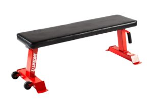 lifeline flat weight bench heavy duty 11-gauge steel with transport wheels and handle for home gym workouts