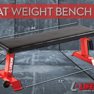 Lifeline Flat Weight Bench Heavy Duty 11-Gauge Steel with Transport Wheels and Handle for Home Gym Workouts