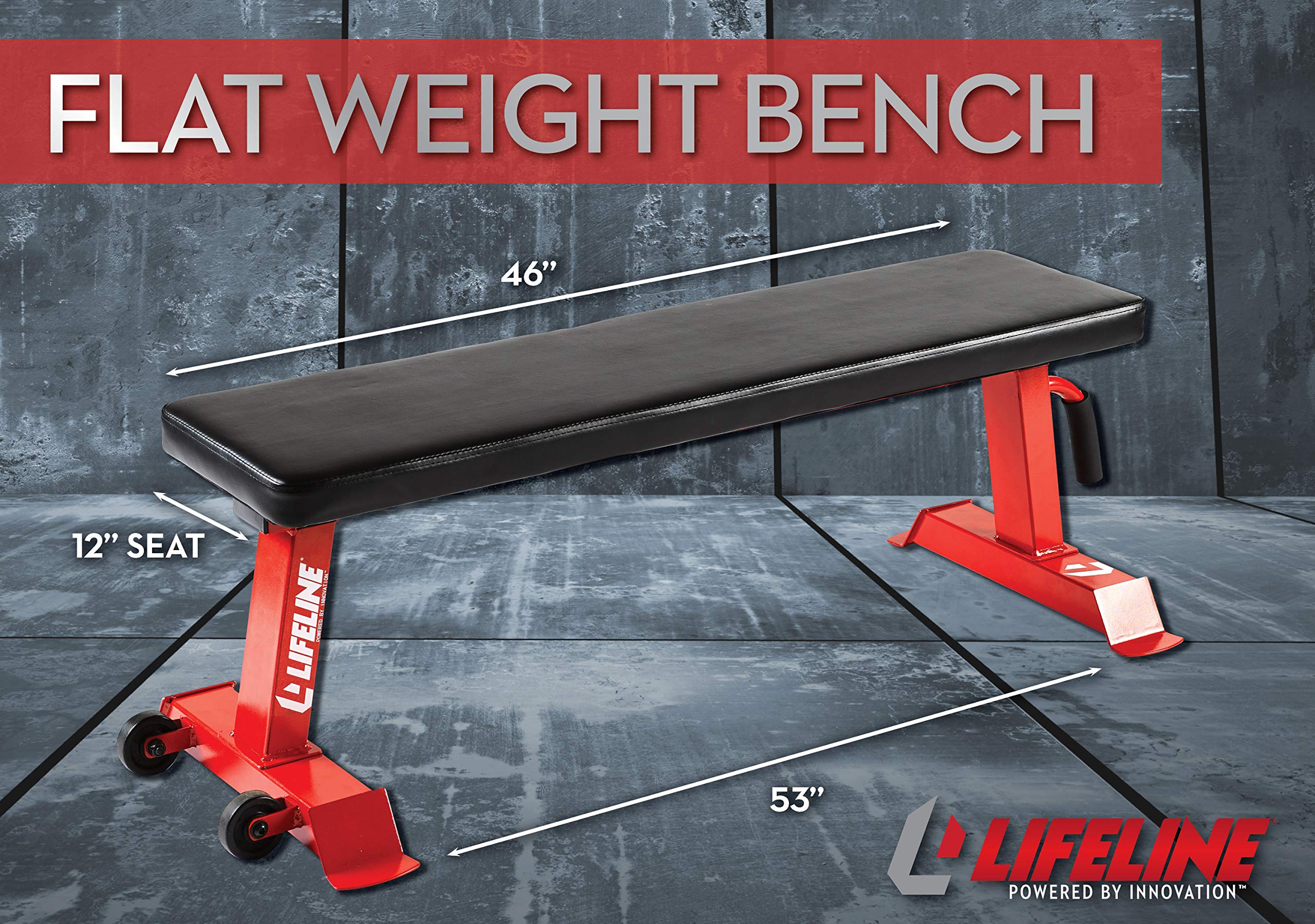 Lifeline Flat Weight Bench Heavy Duty 11-Gauge Steel with Transport Wheels and Handle for Home Gym Workouts