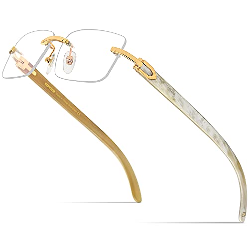 HEPIDEM 100% Really Buffalo Horn Handmade Glasses Square Rimless Spectacles 0816 (white, 61)