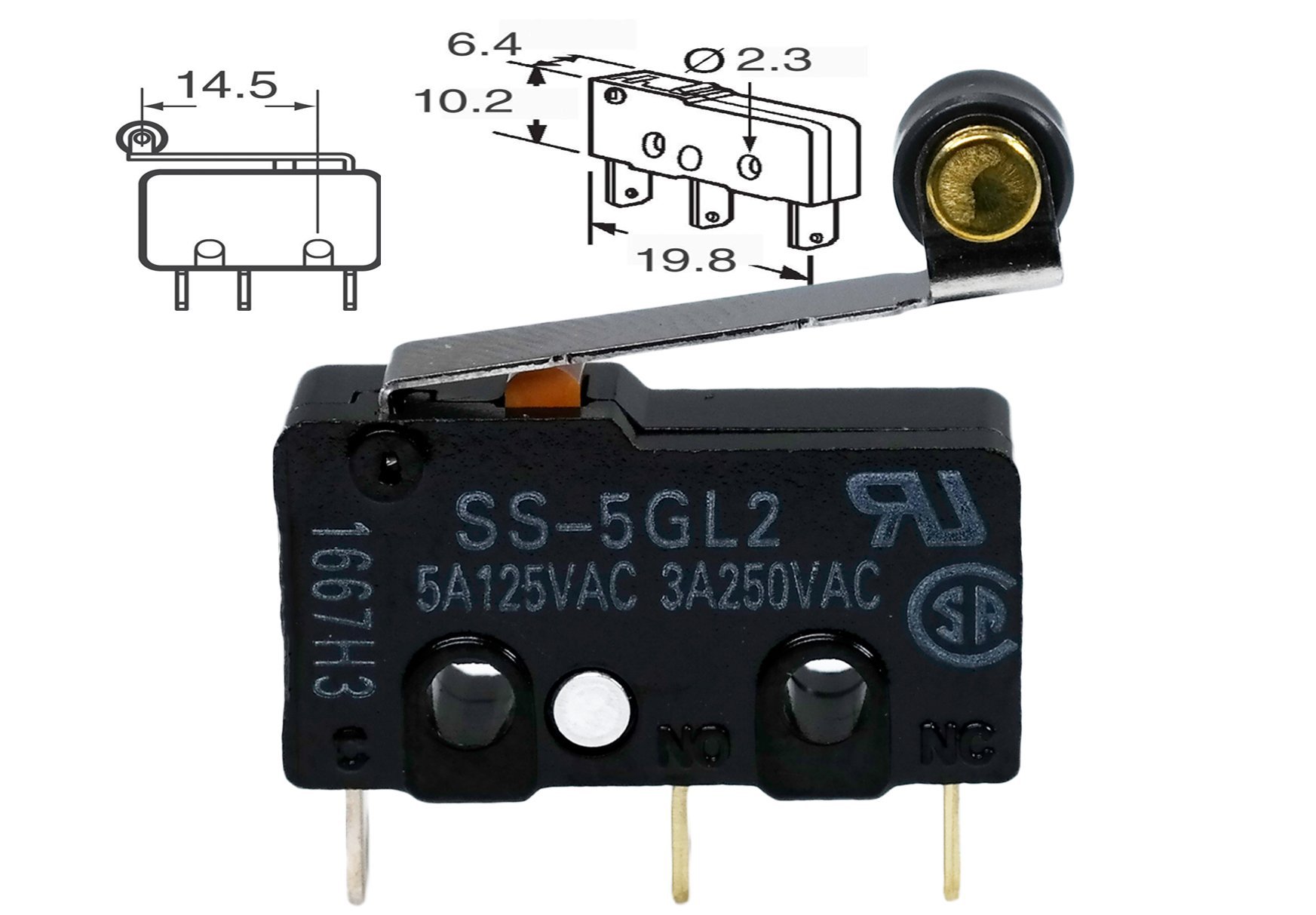 Omron SS5GL2 Microswitch 125 VAC, 5A Micro Limit Switch, Hinge Roller Momentary Snap Action (Pack of 5)