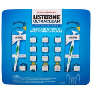 listerine ultra-clean access flosser with two handles and 100 disposable snap head, clean hard to reach places