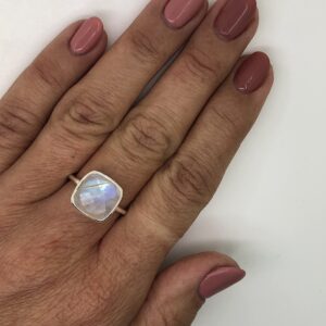 Koral Jewelry Moonstone Square Vintage Ring Round Stone 925 Sterling Silver Boho Chic US Size 6 7 8 9 (6)