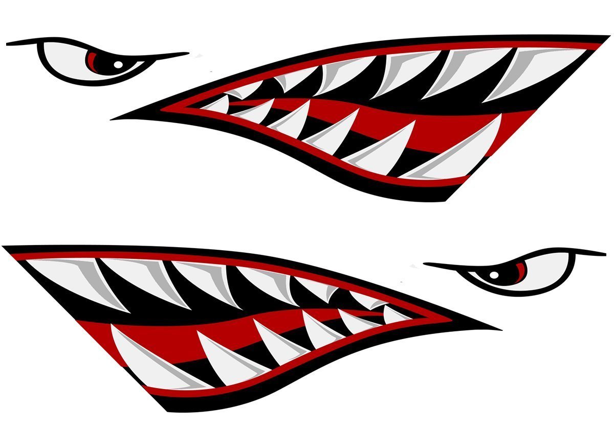 2 pcs Reflective Left and Right Big Set, Shark Teeth Mouth Kayak Sticker Decals, 15 inches - Fishing Boat Canoe Kayak Graphics Accessories