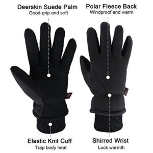 OZERO Winter Gloves Deerskin Leather Thermal Ski Glove Insulated Fleece for Snow Skiing Driving Cycling Hiking Runing Hand Warmer in Cold Weather for Men and Women Large Black