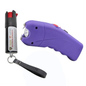 best self defense weapons kit - electric stun gun flashlight personal safety alarm combo with pepper spray keychain, includes a rechargeable stun gun and pocket oc pepper spray (purple)