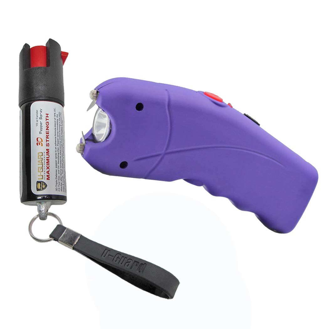 Best Self Defense Weapons Kit - Electric Stun Gun Flashlight Personal Safety Alarm Combo with Pepper Spray Keychain, Includes A Rechargeable Stun Gun and Pocket OC Pepper Spray (Purple)