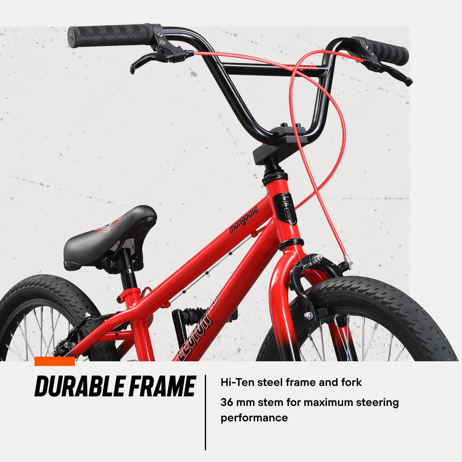 Mongoose Legion LXS Kids Freestyle Sidewalk BMX Bike, Beginner Riders, Boys and Girls, 20-Inch Wheels, Hi-Ten Steel Frame, Micro Drive 36x16T BMX Gearing, Red