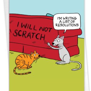 NobleWorks - Funny New Year Cartoon Greeting Card with 5 x 7 Inch Envelope (1 Card) NYE Holiday Stationery Gift for Adults - Cat Resoutions C4521NYG