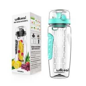 Fruit Infuser Water Bottle 32oz Willceal- Durable, Large - BPA Free Tritan, Flip Lid, Leak Proof Design - Sports, Camping (Bright Teal)