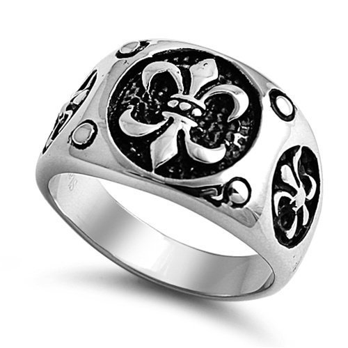 JewelryVolt Stainless Steel Ring Heraldry Fleur-de-lis Signet Polished & Oxidized Casting (Circle C 10)