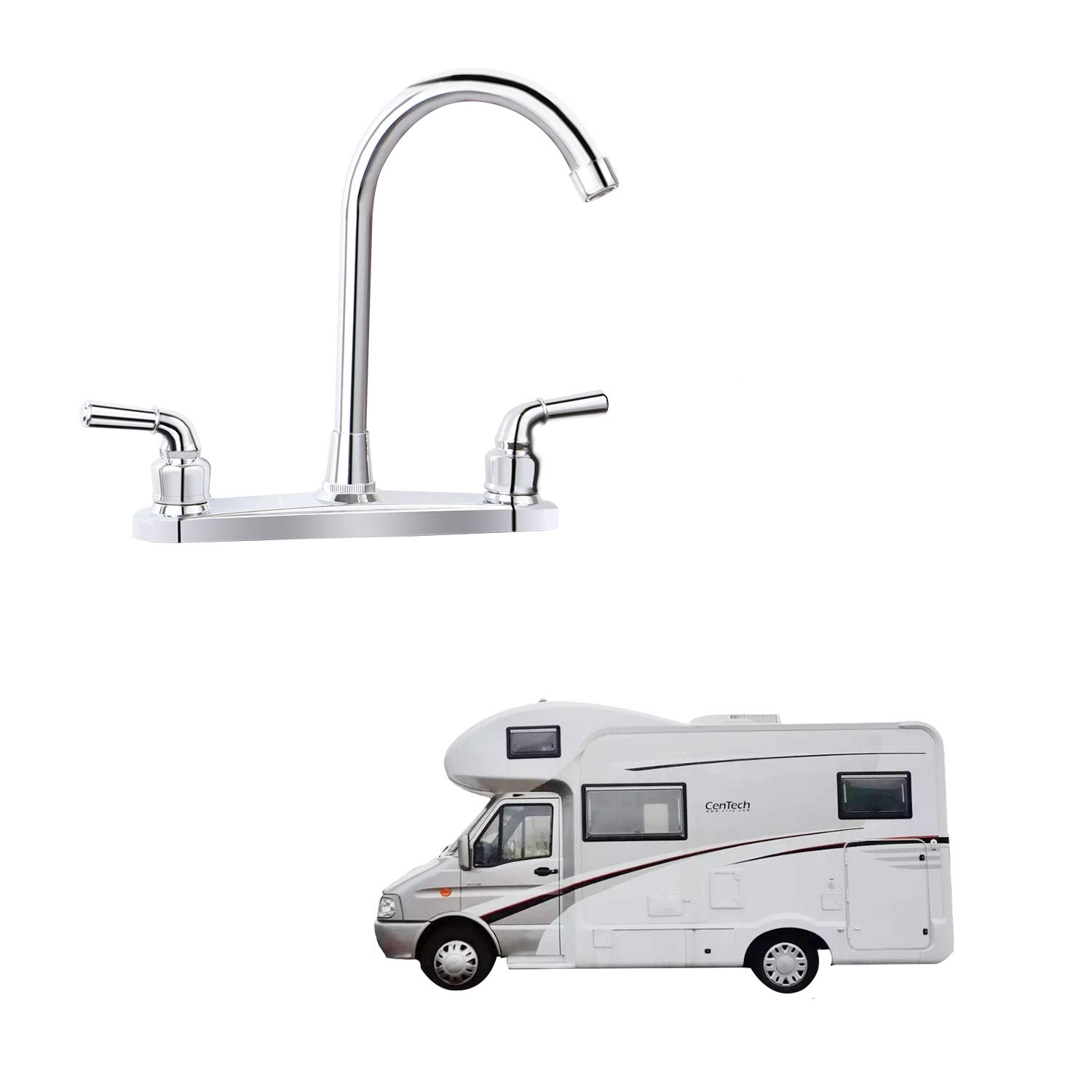 RV Non-metallic Kitchen Faucet Two Handle-8" Main Body-High Arch-360 Swivel Replace for Motorhomes, Travel Trailers,Campers (8"HIGH ARCH)