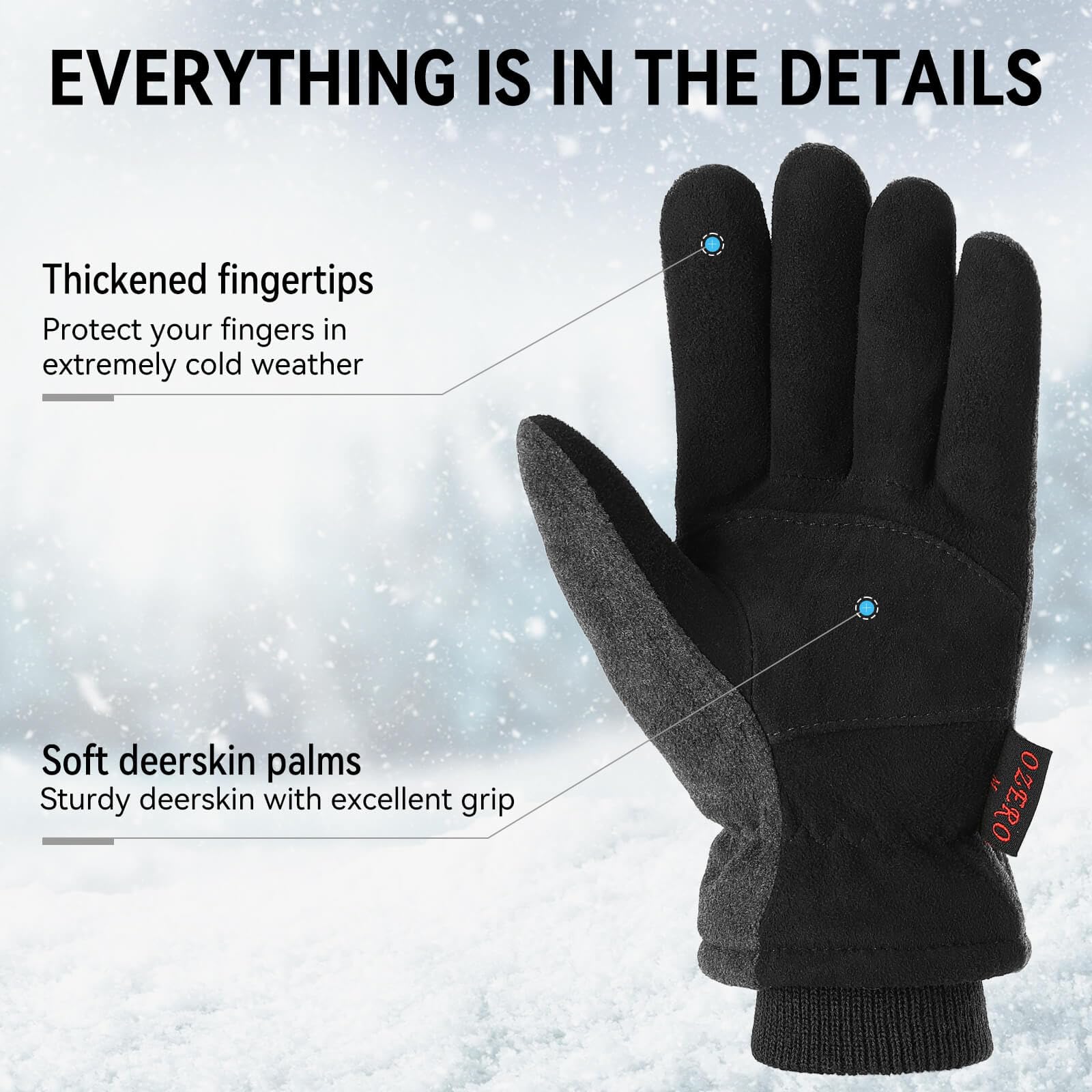 OZERO Winter Gloves for Men Women: Water-Resistant Windproof Work Gloves Leather Palm for Cold Weather Driving, Shoveling Snow, Hiking (Gray,Medium)