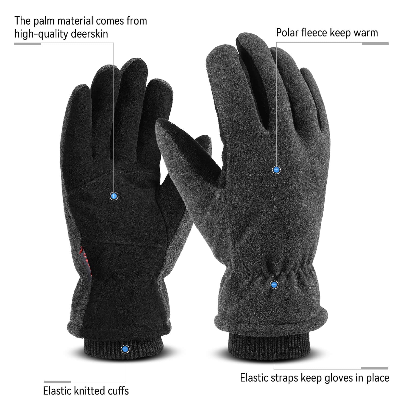 OZERO Winter Gloves for Men Women: Water-Resistant Windproof Work Gloves Leather Palm for Cold Weather Driving, Shoveling Snow, Hiking (Gray,Medium)