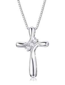 funrun jewelry 925 sterling silver cross necklace for women 3-stone cubic zirconia silver cross pendant necklaces with 1mm box chain,18 inches