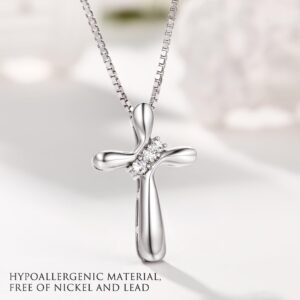 FUNRUN JEWELRY 925 Sterling Silver Cross Necklace for Women 3-Stone Cubic Zirconia Silver Cross Pendant Necklaces with 1MM Box Chain,18 Inches