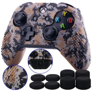 9cdeer 1 piece of studded protective customize digital camo silicone cover skin sleeve case 8 thumb grips analog caps for xbox one/s/x controller brown compatible with official stereo headset adapte