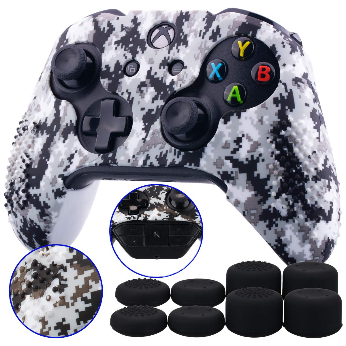 9CDeer 1 Piece of Studded Protective Customize Digital Camo Silicone Cover Skin Sleeve Case 8 Thumb Grips Analog Caps for Xbox One/S/X Controller White Compatible with Official Stereo Headset Adapte