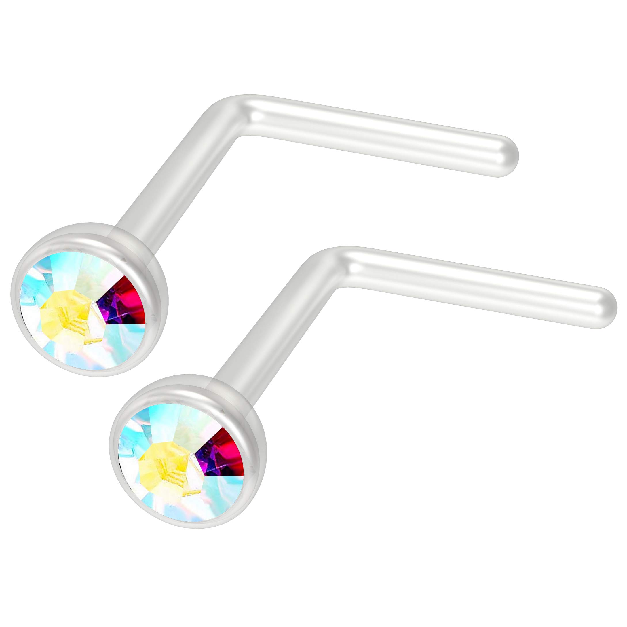 Evonix Aurora Borealis AB Crystal L-Shape Nose Ring 20g Bend Flexible Bioflex Small Plastic Studs Clear