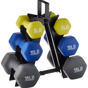 Amazon Basics Neoprene Dumbbell Hand Weights, Rack with 3 Pairs (5, 10, and 15 pound), Green/Blue/Grey