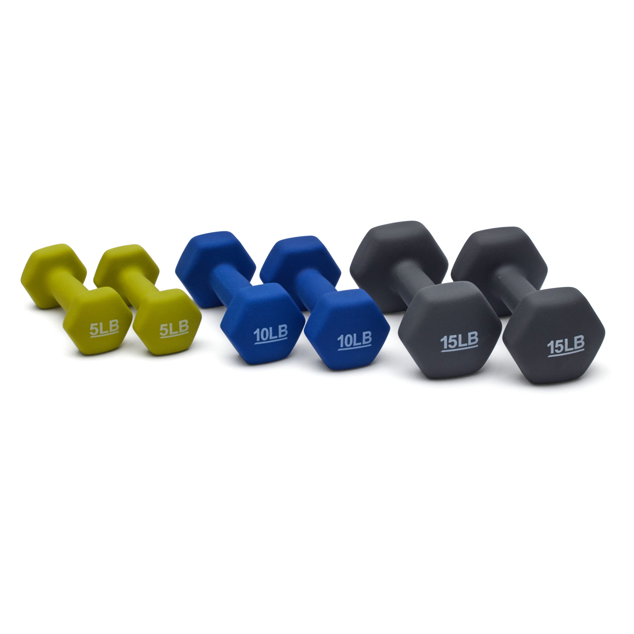 Amazon Basics Neoprene Dumbbell Hand Weights, Rack with 3 Pairs (5, 10, and 15 pound), Green/Blue/Grey