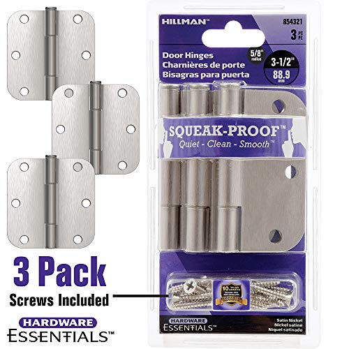 Hardware Essentials 854321 Round Corner Squeak-Proof Door Hinges, 3-1/2 inch, 3-1/2", Satin Nickel, 3 Pieces