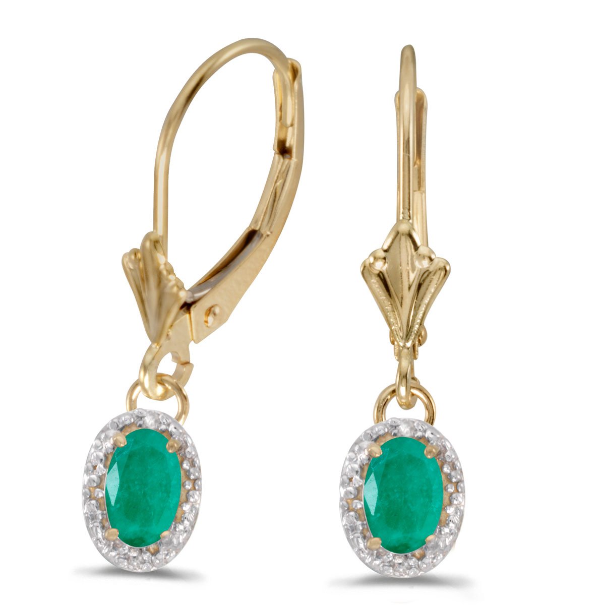 FB Jewels Solid 14k Yellow Gold Dangle Genuine Green Birthstone Oval Emerald And Diamond Leverback Earrings (1.2 Cttw.)