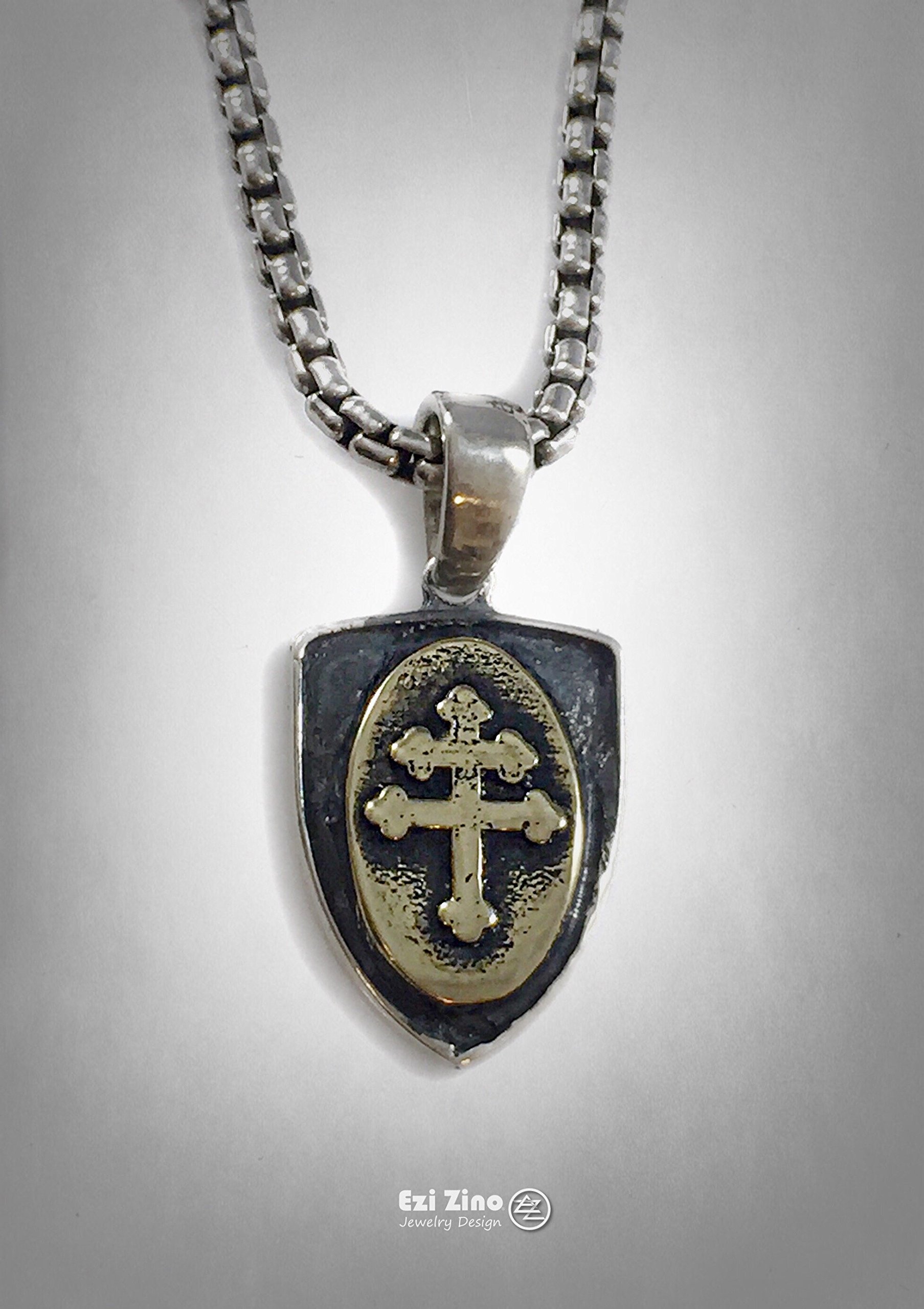 Cross of Lorraine Brass & Sterling Silver 925 Shield Dog Tag Pendant by Ezi Zino