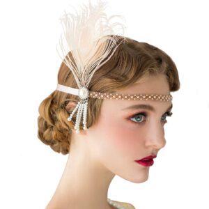 sweetv 1920s headpiece flapper headband, pearl peacock feather hair band, great gatsby accessoreis for women, blush pink