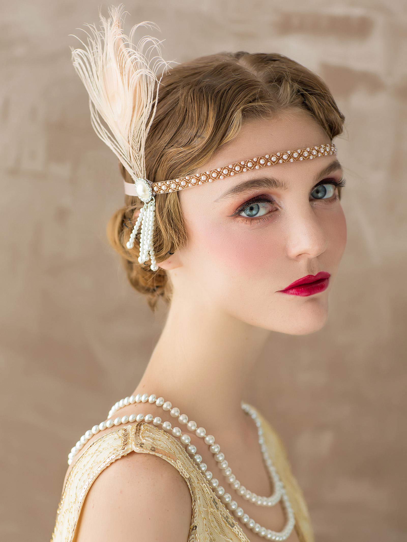 SWEETV 1920s Headpiece Flapper Headband, Pearl Peacock Feather Hair Band, Great Gatsby Accessoreis for Women, Blush Pink