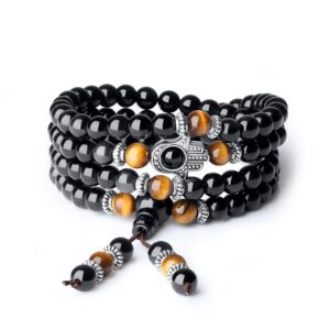 COAI 108 Mala Beads Black Obsidian Tiger Eye Stone Hamsa Hand Bracelet Necklace