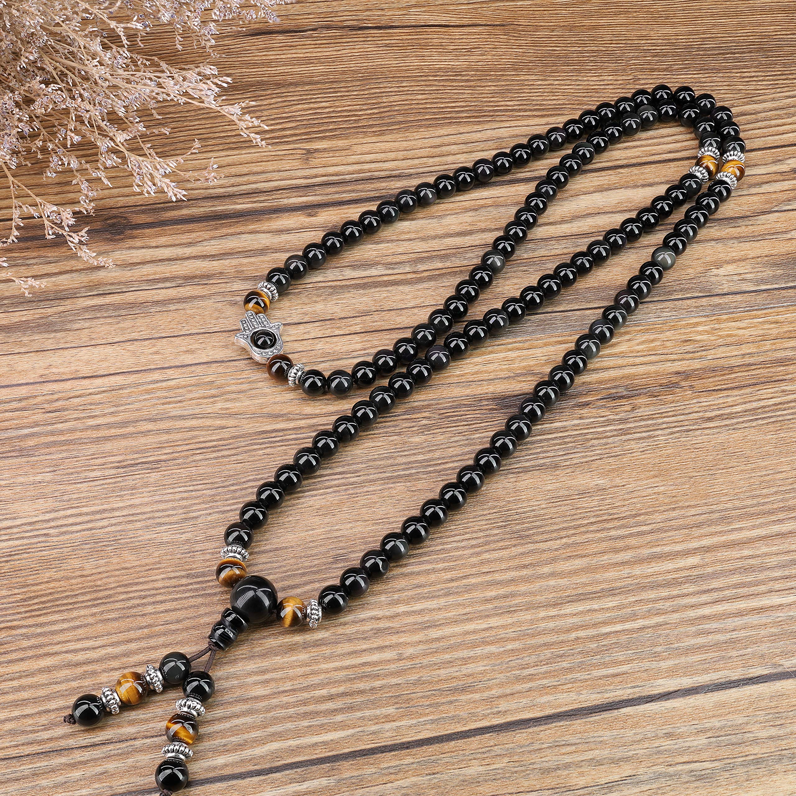 COAI 108 Mala Beads Black Obsidian Tiger Eye Stone Hamsa Hand Bracelet Necklace