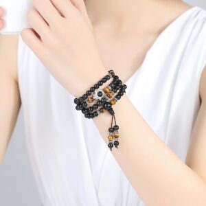 COAI 108 Mala Beads Black Obsidian Tiger Eye Stone Hamsa Hand Bracelet Necklace