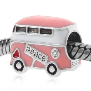 pink peace bus charms, 925 sterling silver with enamel, mini beads fits pandora women bracelets, gifts for travel/mothers day/christmas