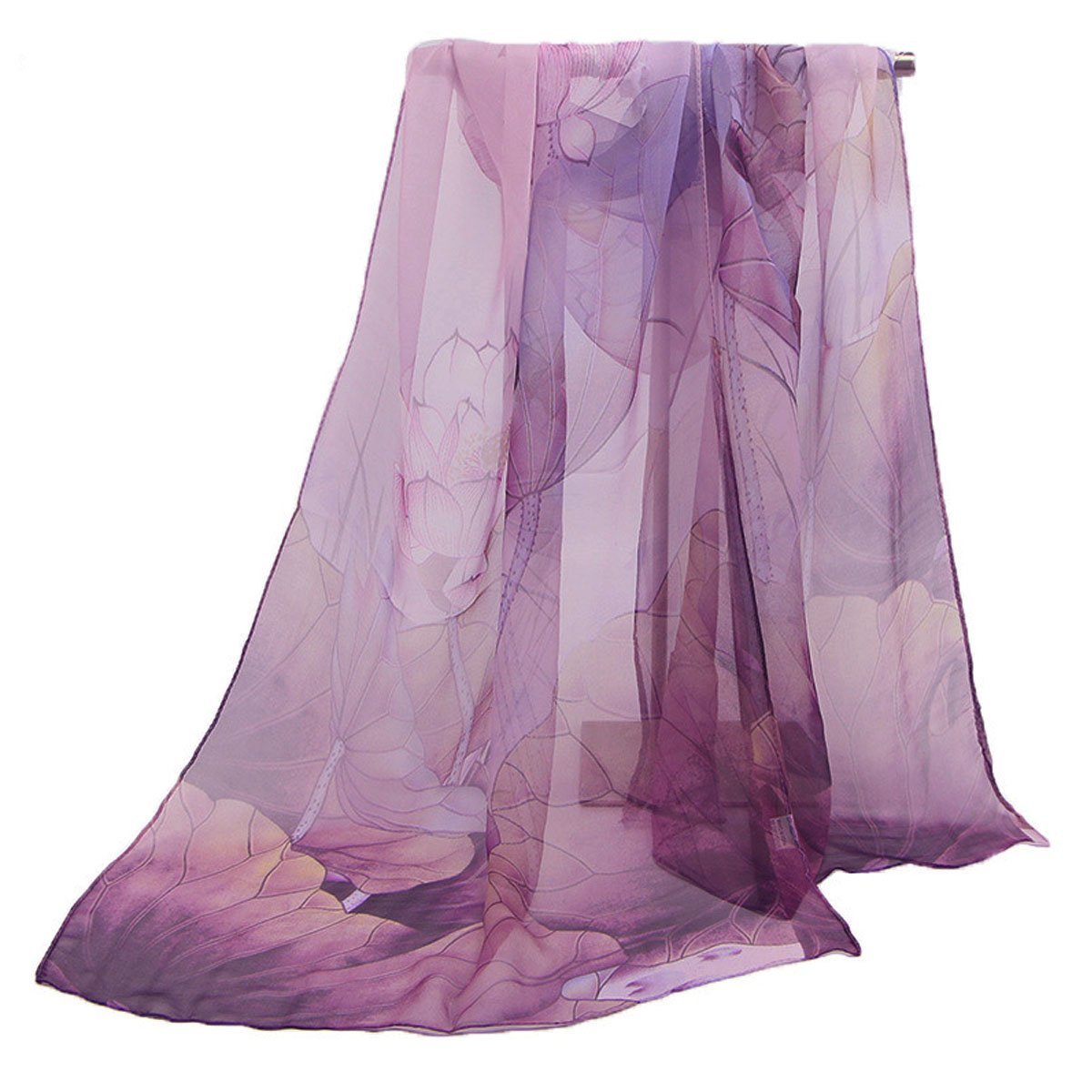 Lobagve Van Caro Sheer Chiffon Scarf Beach Shawl Elegant Lotus Sunscreen Scarf for Women (Purple)