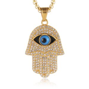 hzman 18k gold plated iced out cz stainless steel blue evil eye beads fatima hamsa hand pendant necklace (gold)