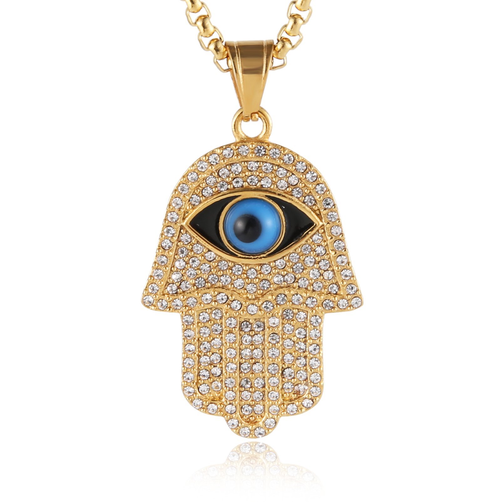 HZMAN 18k Gold Plated Iced Out CZ Stainless Steel Blue Evil Eye Beads Fatima Hamsa Hand Pendant Necklace (Gold)